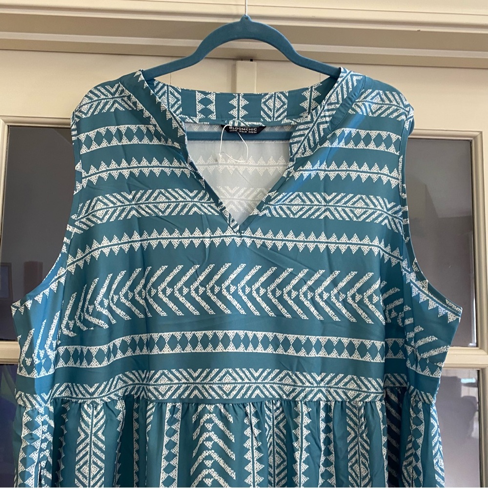 Size 3X Bloomchic Sleeveless Teal Patterned V-Neck Summer Dress - Picture 5 of 8